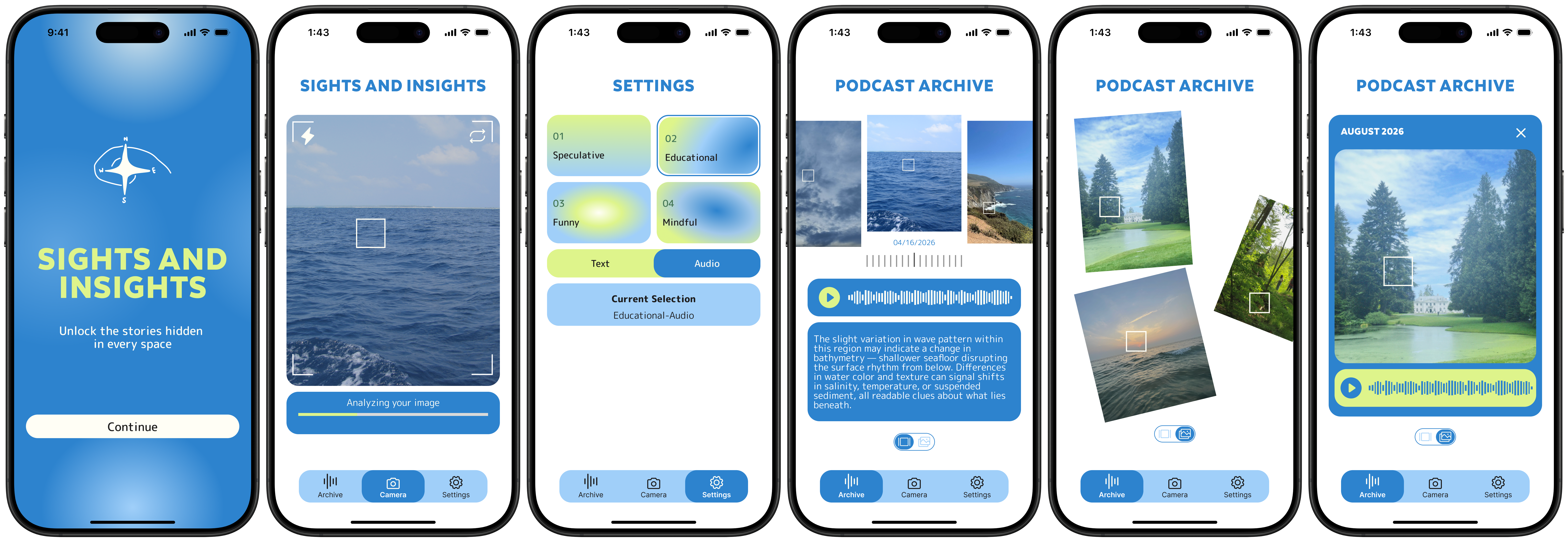 Low-fidelity wireframes mapping core screens and flows for Sights and Insights